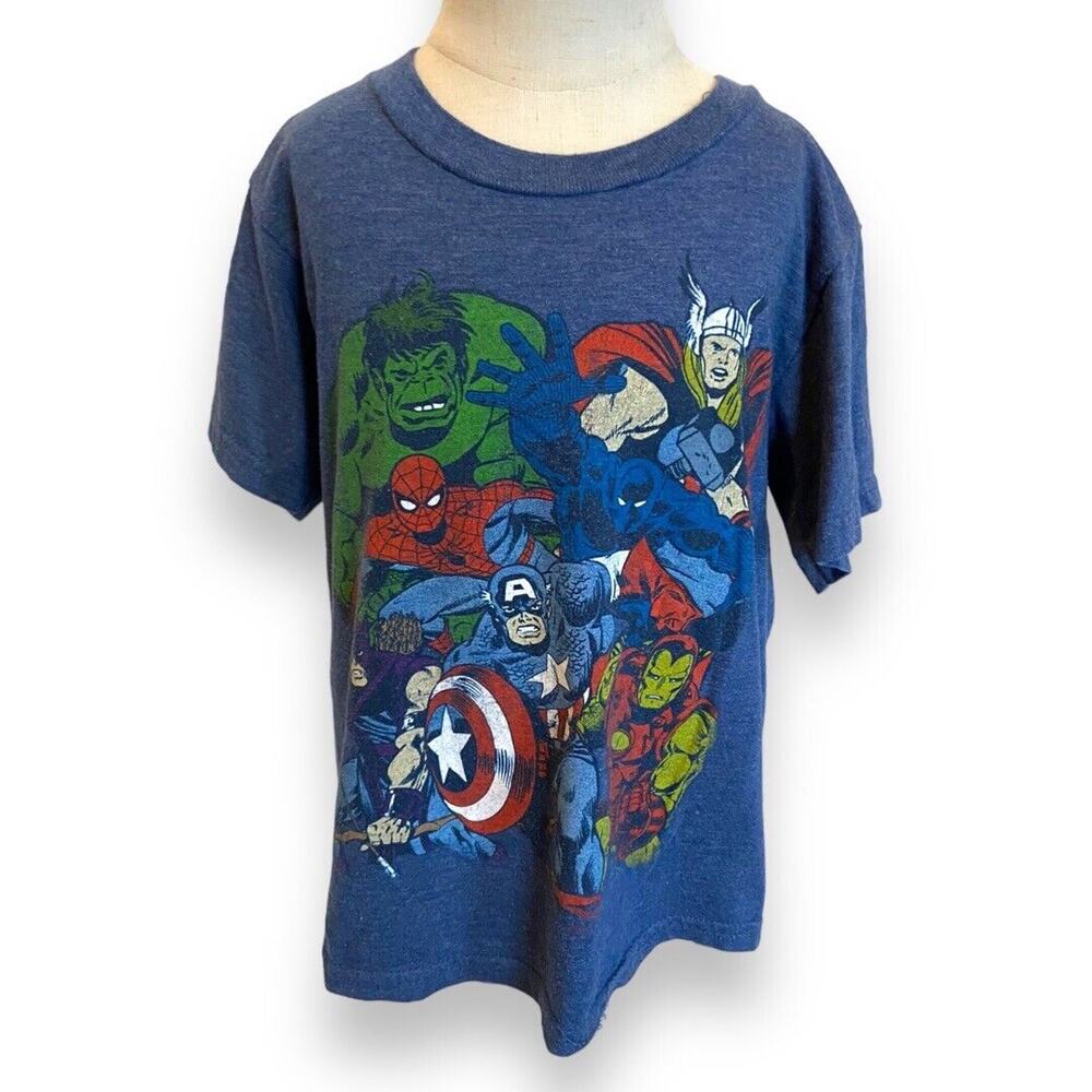 Marvel Boys‎ Tee Sz XS Heather Blue Avengers Comic Book Iron Man Hulk Cap Spider